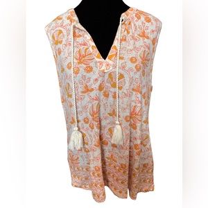 Lucky Brand Orange Boho Hippie Eclectic Cottagecore Floral Leafy Linen Tank Top